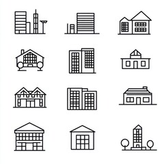 Simple line drawings of various buildings