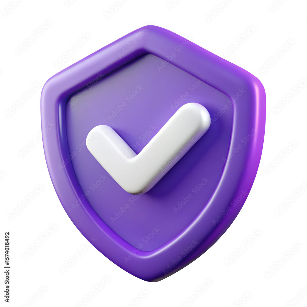 Poster purple shield with a white checkmark symbol isolated on transparent background