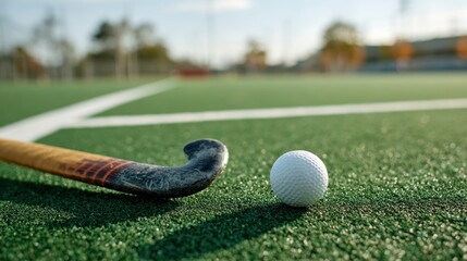 Hockey stick and ball on a green field