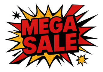 Bold comic-style burst sticker with MEGA SALE offer in dynamic colors, eye-catching retail promotion on transparent background.