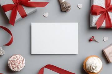 Flat lay of blank card surrounded by gifts, ribbons, and treats