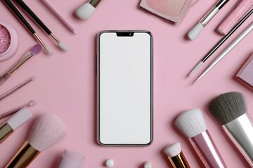 Smartphone surrounded by makeup brushes and products on pink background