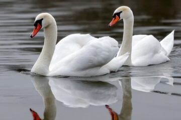 Fototapeta premium Swans glide smoothly across the calm water in a serene natural setting