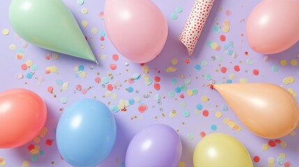 Pastel balloons and confetti on a purple background