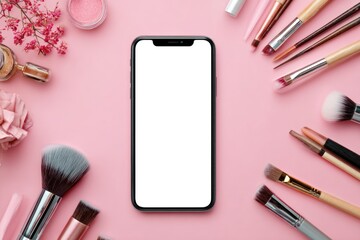 Smartphone surrounded by makeup items on a pink background