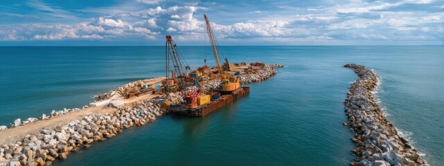 Marine construction ships are constructing a rock breakwater in the sea.