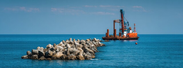 Marine construction ships are constructing a rock breakwater in the sea.