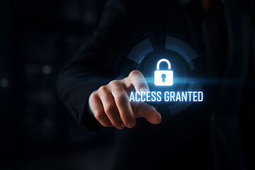 Hand touches glowing digital lock and access granted text