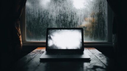 Laptop at window, rainy day