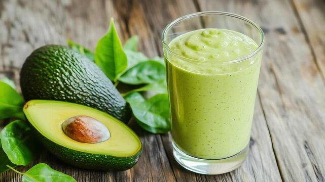 A glass of green smoothie sits on a wooden table next to a green avocado. The smoothie is full and the avocado is ripe