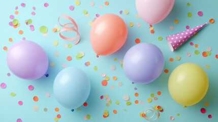 Pastel balloons and confetti on a light blue background