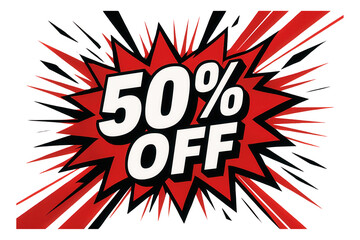 Red starburst sticker with 50% OFF in bold comic style, dynamic retail promo discount on transparent background.