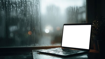 Laptop at window in rain