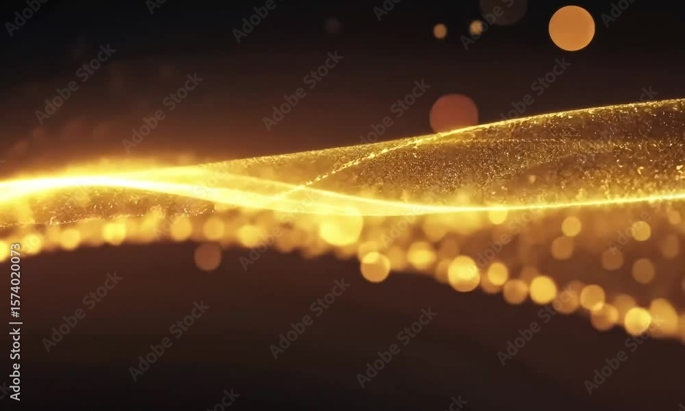Poster golden glittering particles flowing on a dark background creating wavy patterns