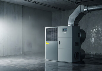 Industrial Air Handler Unit in a Basement HVAC, Ventilation System, Concrete Room, Equipment, Ductwork.