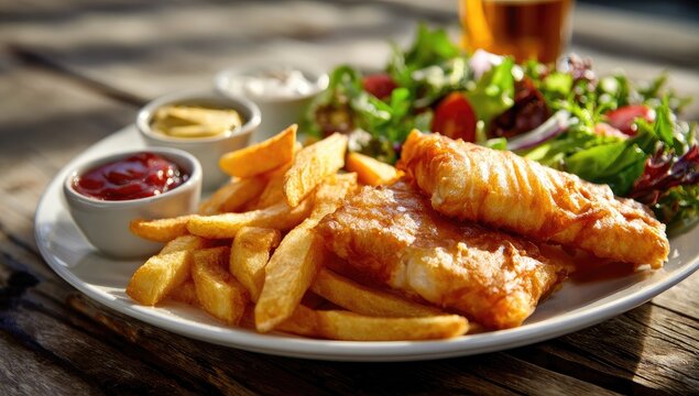 Plate of fish and chips with a side salad and sauces