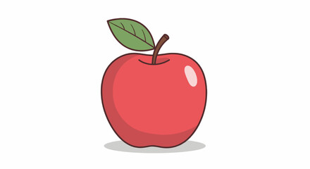 Cartoon Red Apple with Green Leaf and Brown Stem Illustration.