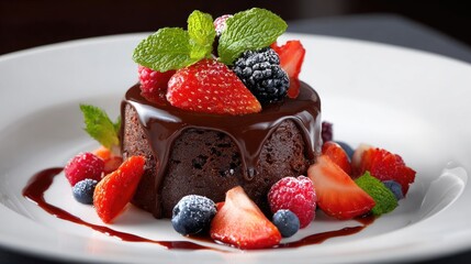 Delicious chocolate cake decorated with fresh berries.