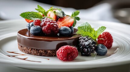 Delicious chocolate cake decorated with fresh berries.