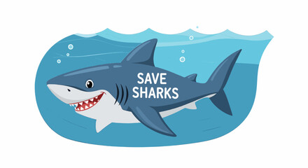 Cheerful Cartoon Shark Swimming Underwater Save Sharks Message.