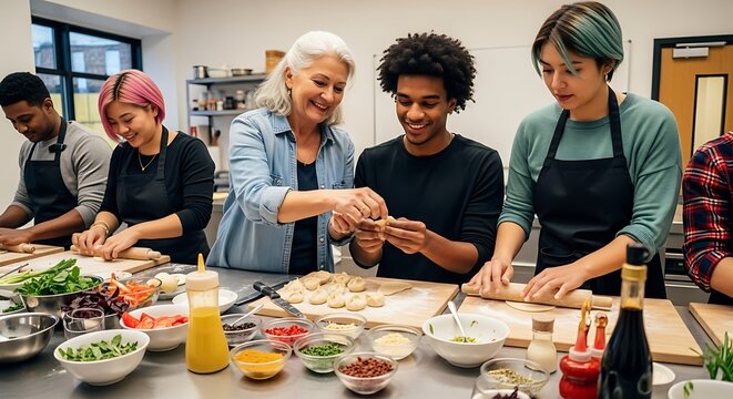 Culinary Class Collaboration Diverse Group Learning to Prepare Food Together in a Bright, Modern Kitchen Setting