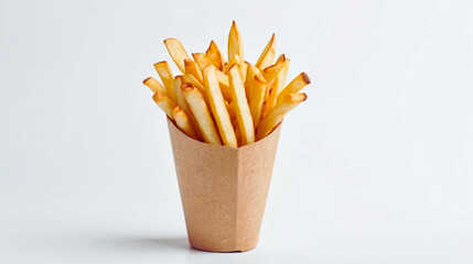 Freshly fried golden French fries served in a rustic paper cone container, isolated on a clean white background. Perfect for fast food branding, snack packaging, food delivery promotions