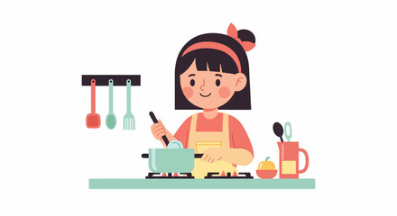 Cute Girl Cooking with Utensils in Kitchen.