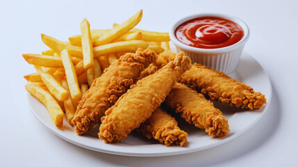 Crispy fried chicken tenders served with golden French fries and a side of ketchup, isolated on a clean white background. Perfect for fast food menus, delivery app visuals, snack promotions