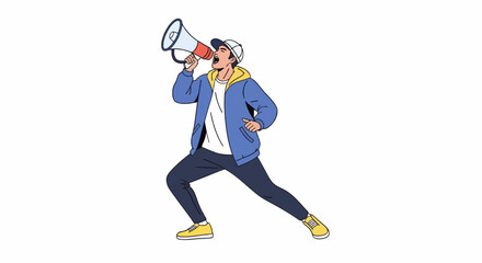 Energetic Young Man Announcing with a Megaphone Dynamic Pose Casual Outfit.
