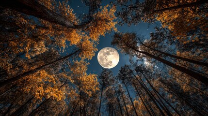 Low-angle night shot up through a forest of tall trees towards a bright full moon
