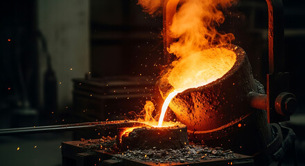 Molten metal pouring from a crucible, creating a fiery and intense industrial scene with sparks