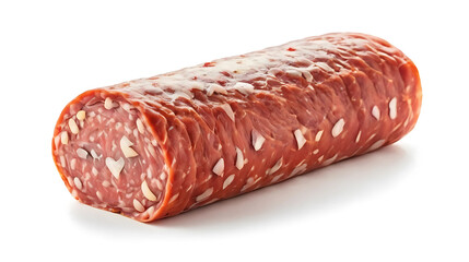 Salame Napoli sausage isolated on a clean white background. Authentic Italian cured meat with visible marbling and rustic texture, ideal for charcuterie boards, deli packaging, food photography