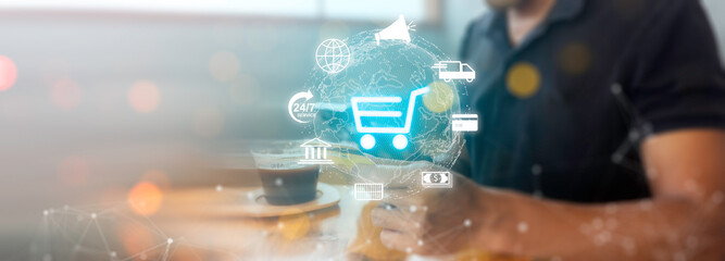 Man Using credit card for Online Payment by Digital Wallet. Transaction on online banking, E-wallet on blockchain technology. transfer, credit card, financial, and global business online.