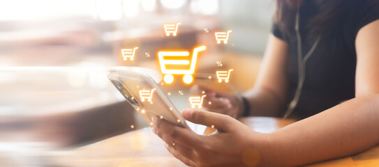 Woman Using credit card for Online Payment by Digital Wallet. Transaction on online banking, E-wallet on blockchain technology. transfer, credit card, financial, and global business online.
