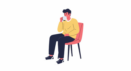 Fototapeta premium Young Man in Yellow Sweater Drinking from Mug While Sitting on a Pink Chair.