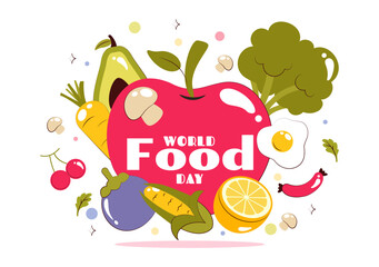 World Food Day Vector Illustration on October 16, Featuring a Variety of Foods, Fruits, and Vegetables in a Flat Style Cartoon Background