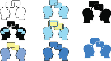 Illustration of six head pairs facing each other with speech bubbles above them