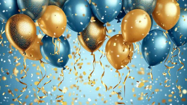A bunch of balloons with gold and blue colors are falling from the sky. The balloons are scattered all over the image, creating a festive and celebratory atmosphere