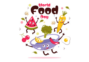 World Food Day Vector Illustration on October 16, Featuring a Variety of Foods, Fruits, and Vegetables in a Flat Style Cartoon Background