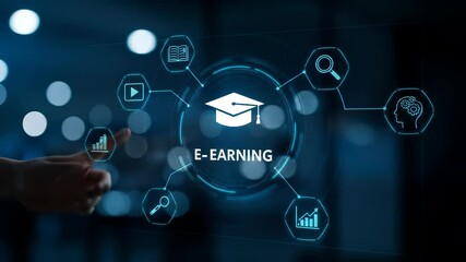 E-learning, illustrating two people engaging with a futuristic holographic digital interface, representing modern online education and virtual connectivity in a technology-driven environment. - Powered by Adobe