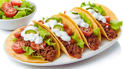 Delicious taco filled with seasoned ground beef, fresh lettuce, diced tomatoes, and a dollop of sour cream, isolated on a clean white background. Classic Mexican street food perfect for menus