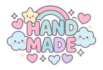 Pastel bubble sticker with HAND MADE message featuring cute clouds and a rainbow, charming promo design on transparent background.