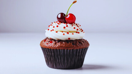 Delicious cupcake topped with a bright red cherry, isolated on a clean white background. Sweet dessert with creamy frosting and elegant decoration—perfect for bakery branding, menu design