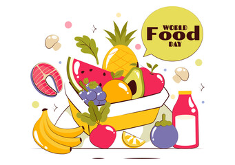 World Food Day Vector Illustration on October 16, Featuring a Variety of Foods, Fruits, and Vegetables in a Flat Style Cartoon Background