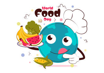 World Food Day Vector Illustration on October 16, Featuring a Variety of Foods, Fruits, and Vegetables in a Flat Style Cartoon Background