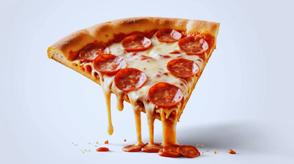 Delicious slice of pepperoni pizza with gooey melted cheese stretching, isolated on a clean white background. Classic cheesy pizza slice with spicy pepperoni, perfect for menu designs, food delivery 