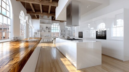 Modern loft kitchen with exposed beams, large windows, and a light and airy design.