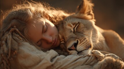 Woman sleeping with lion peaceful moment