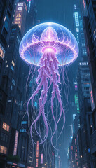 “Surreal Futuristic Scene with Glowing Jellyfish Floating in Neon City Street at Night”