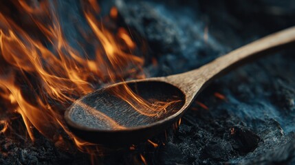 Wooden spoon in campfire flames